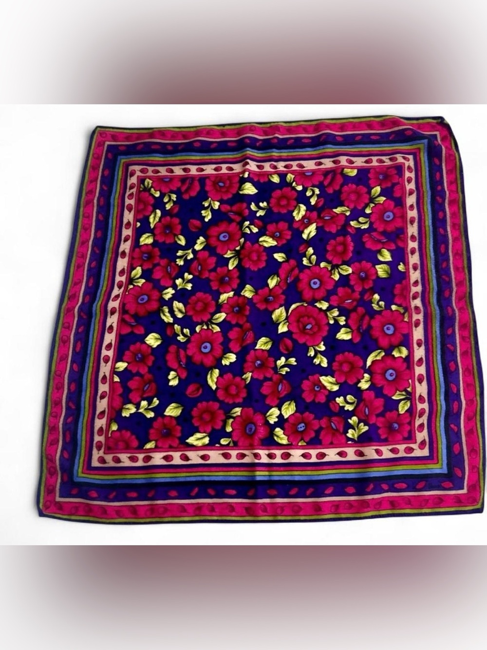 Vintage Scarf  Magenta Red Floral Olive Green Leaves Square 27.5 x 27.5
